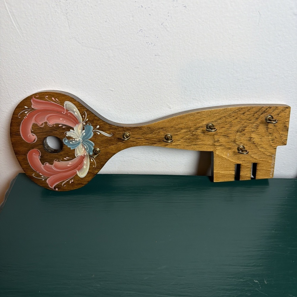 Handmade Vintage Norwegian Wooden Hand Painted Floral Key Hook Signed USA
